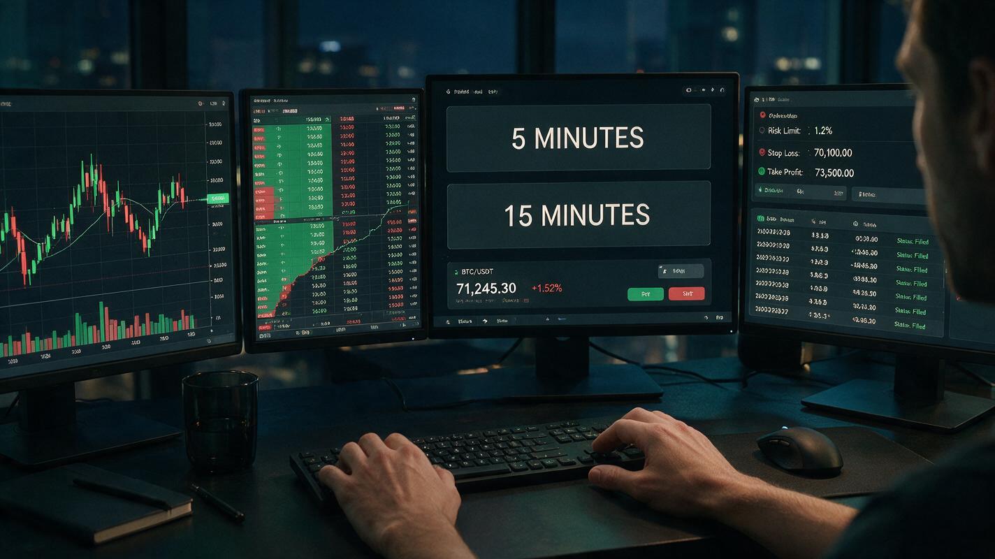 Trader monitoring Bitcoin five minute and fifteen minute Polymarket bot strategies