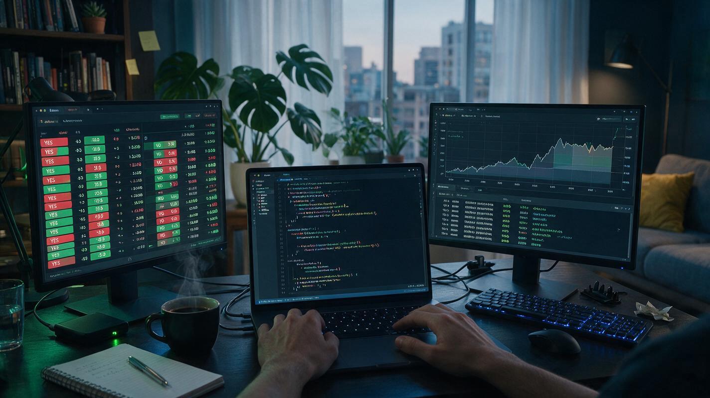 Developer building a Polymarket trading bot at a realistic workstation