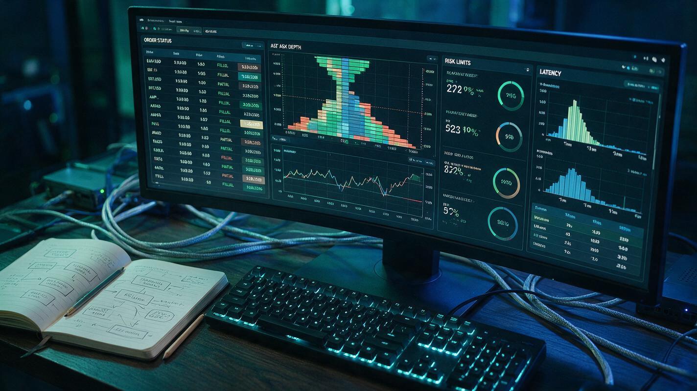 Polymarket bot operations desk with risk and order monitoring